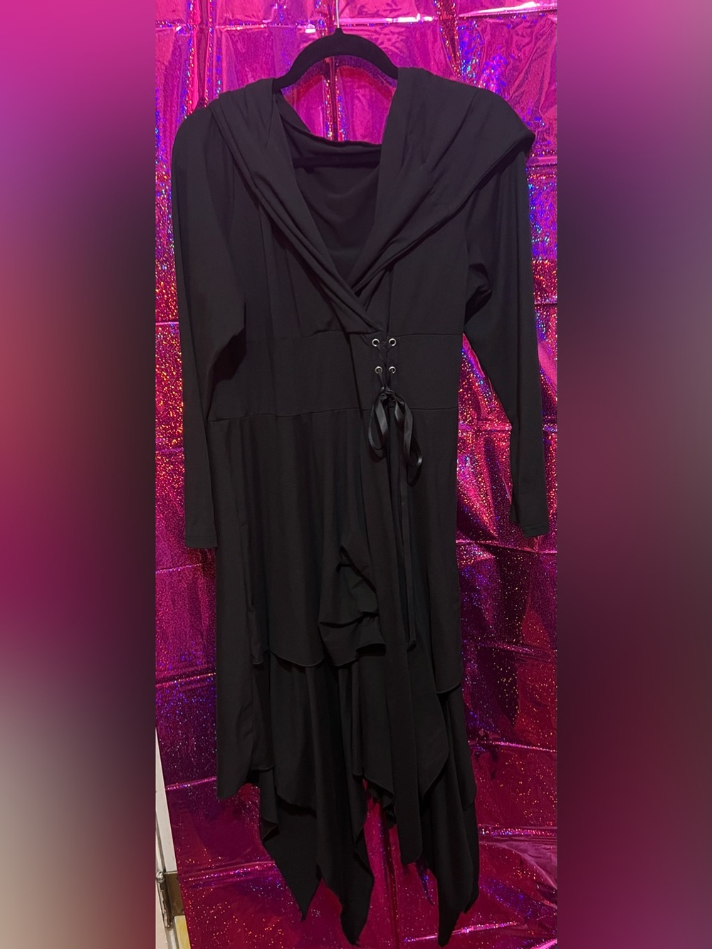Source Unknown Black Long Sleeve Lace-Up Wrap Dress